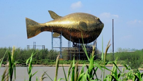 昨天，揚中市西沙島，正在施工的河豚塔金光閃閃