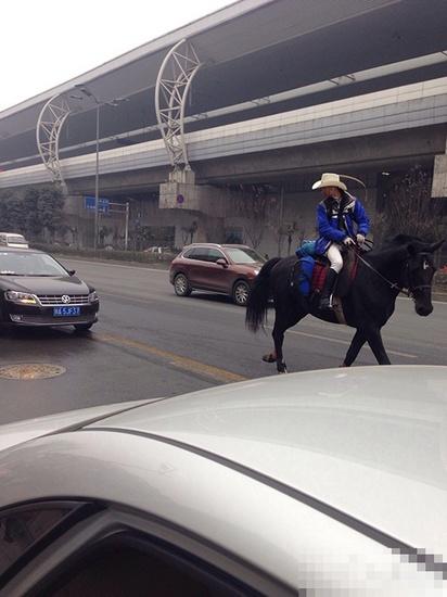 成都男子因買不到車票騎馬穿國道回家 成都男子因買不到車票騎馬穿國道回家