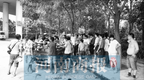 北環(huán)南陽路立交橋下，瓜農(nóng)小秦被打后，附近瓜農(nóng)紛紛圍了上來