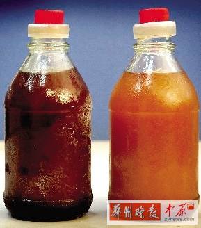 兩種油的顏色差別很大。（左為真）