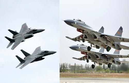 29日，中國空軍查證了進入東海防空識別區(qū)的美日軍機，左圖為進入防空識別區(qū)的日本F-15戰(zhàn)機(資料圖)，右圖為當(dāng)天起飛的中國殲-11飛機(資料圖)。