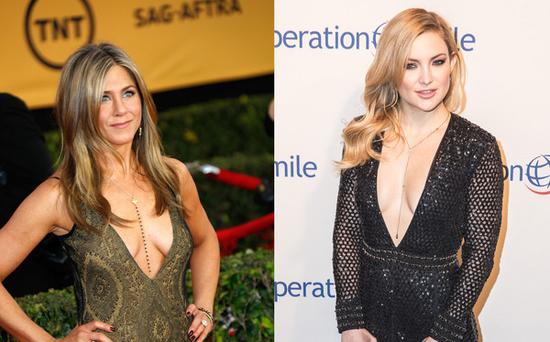 Jennifer Aniston & Kate Hudson出席重要場(chǎng)合也穿低胸裝。（圖片來(lái)源：臺(tái)灣東森新聞云）
