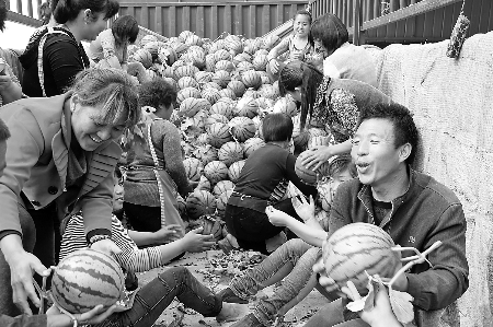 　眼下，內(nèi)黃縣東莊鎮(zhèn)種植的“無公害西瓜”豐收，市場緊俏。圖為5月6日，瓜農(nóng)準(zhǔn)備把外銷的西瓜裝車。劉肖