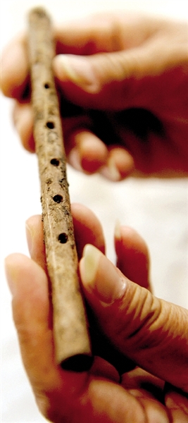 這是近日出土的用丹頂鶴尺骨制成的五孔骨笛。新華社發(fā)