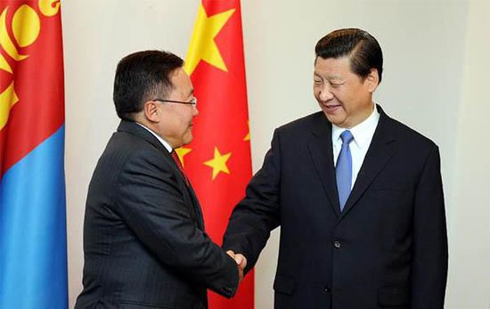 去年9月12日，國家主席習近平在比什凱克會見蒙古國總統(tǒng)額勒貝格道爾吉。 新華社記者謝環(huán)馳攝