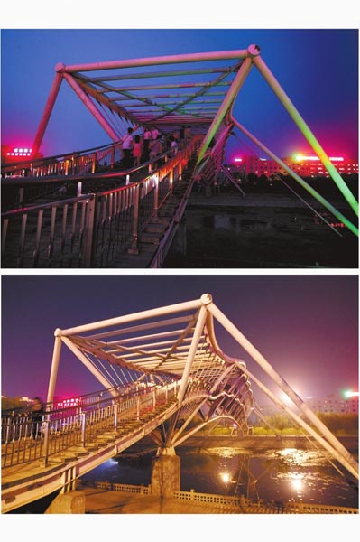 花園路西側(cè)東風(fēng)渠景觀橋，上圖攝于7月31日晚間，下圖攝于10月9日晚間。