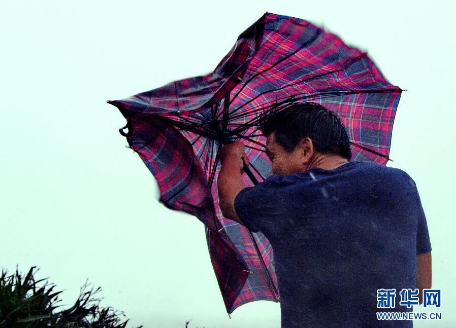 8月8日，福建省石獅市漁民在風(fēng)雨中前行。