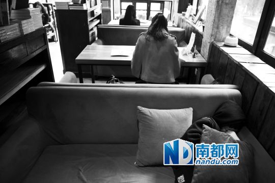 12月12日上午，不打烊書店里，12歲的楊東吃完午飯后抱著抱枕蜷在沙發(fā)里睡覺。