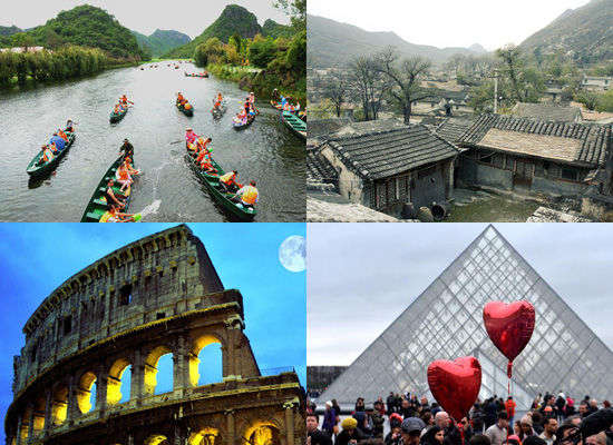 被電視真人秀帶火的旅游景點(diǎn)。左上:云南普者黑;右上:北京靈水村;左下:意大利羅馬;右下:法國巴黎。