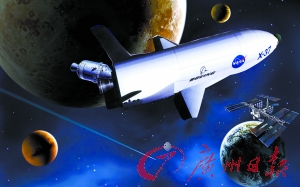 　美國(guó)X—37B宇宙飛船在太空中。（合成圖片）